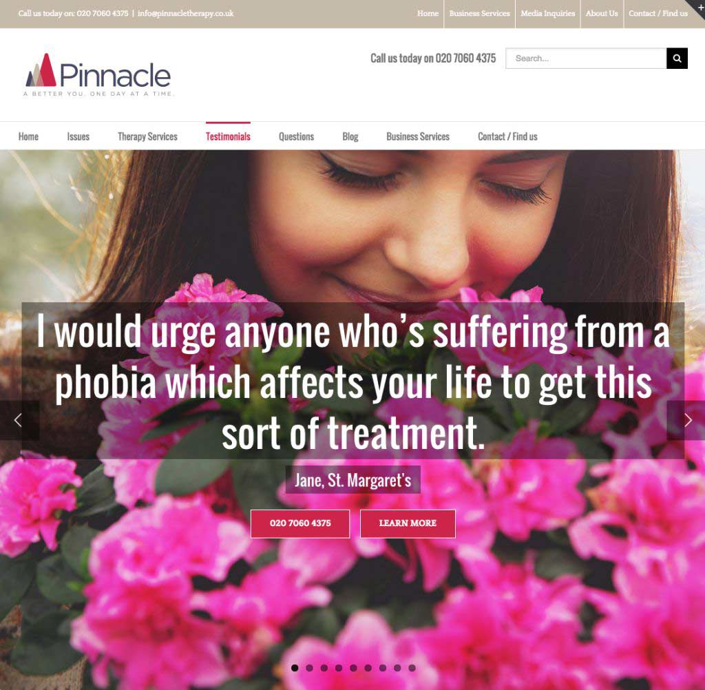 Pinnacle Therapy Website showing Testimonial Slider
