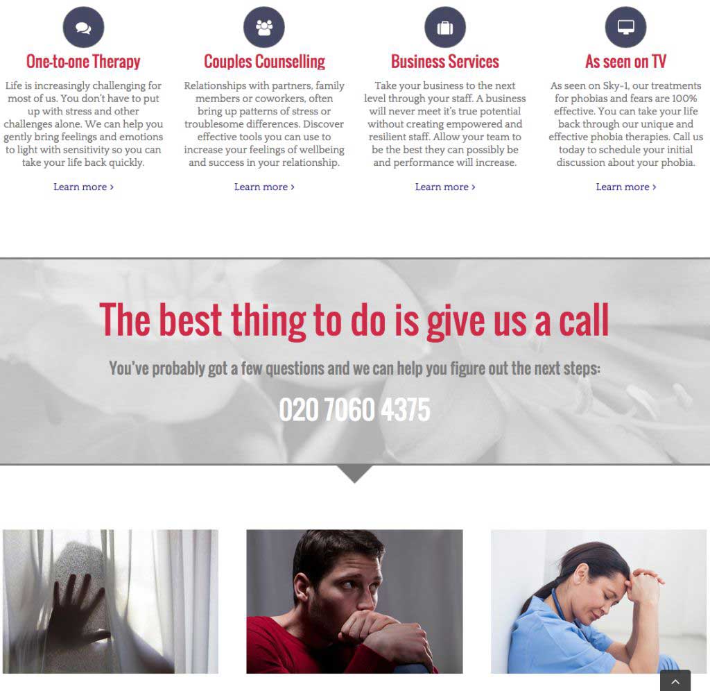 Pinnacle Therapy Website – Showing calls to actions